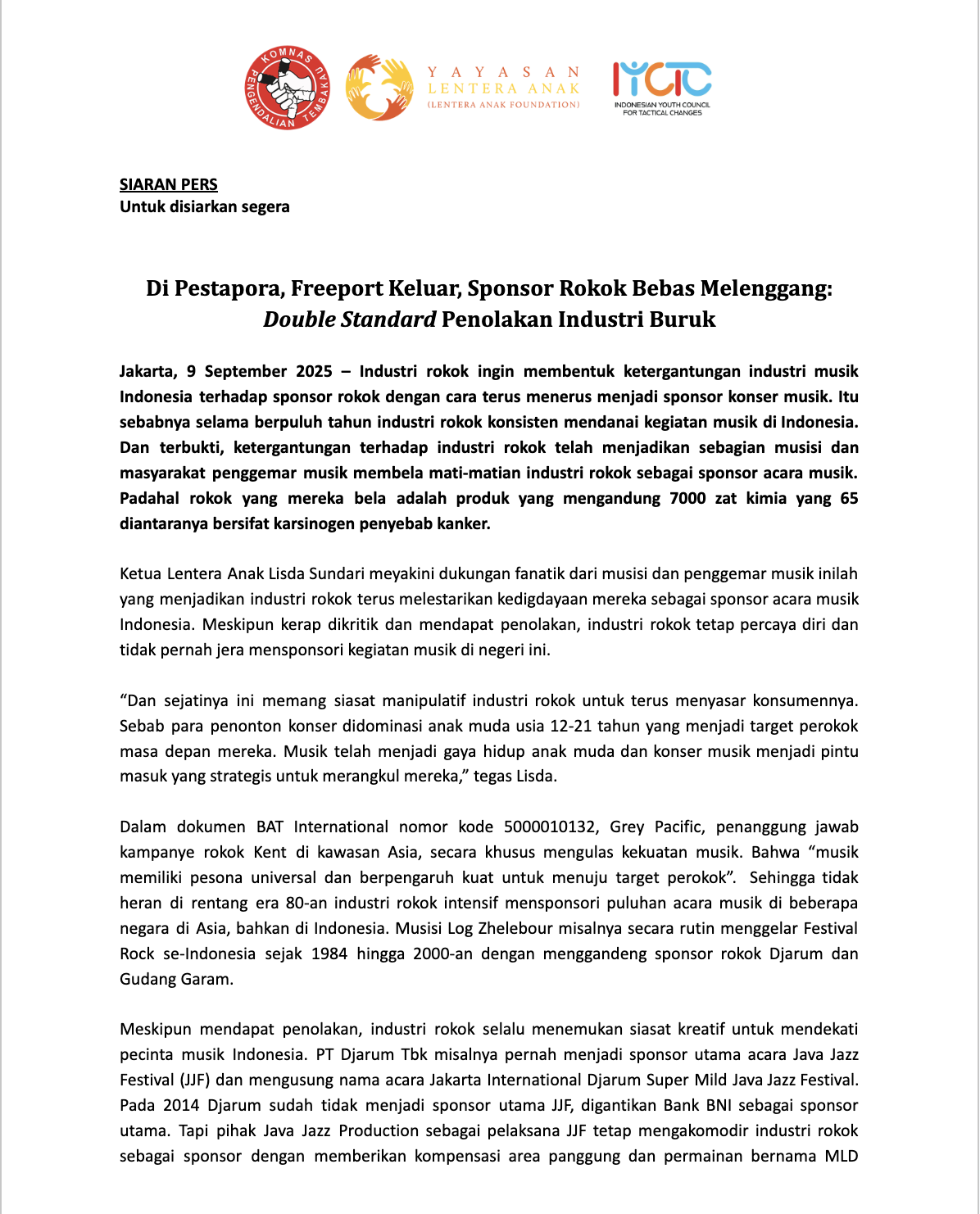 Di Pestapora, Freeport Keluar, Sponsor Rokok Bebas Melenggang: Double Standard Penolakan Industri Buruk