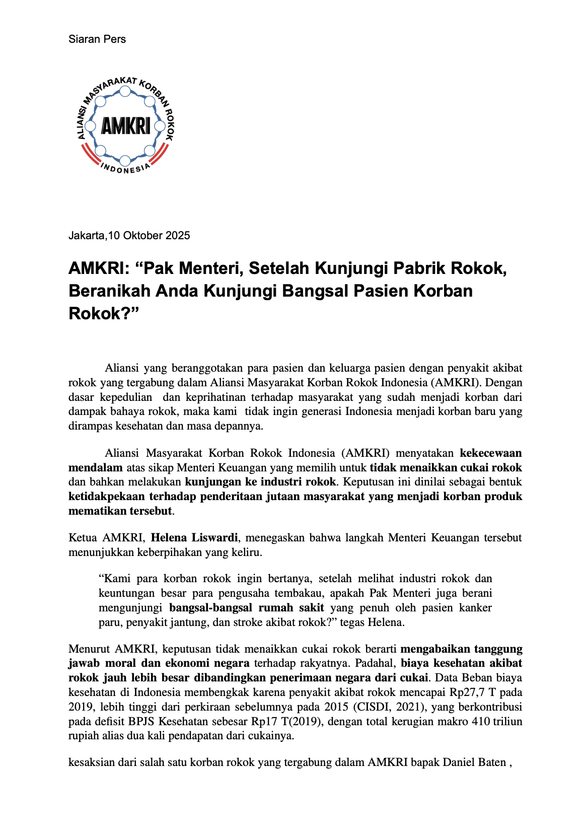 AMKRI: “Pak Menteri, Setelah Kunjungi Pabrik Rokok, Beranikah Anda Kunjungi Bangsal Pasien Korban Rokok?”